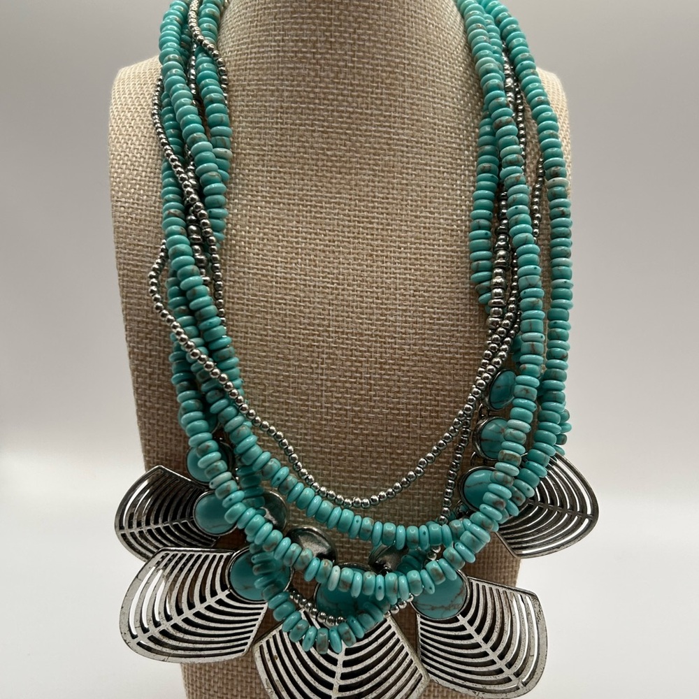 Lucky Brand Turquoise Multi-Strand Beaded Necklace with Silver Leaf Accents